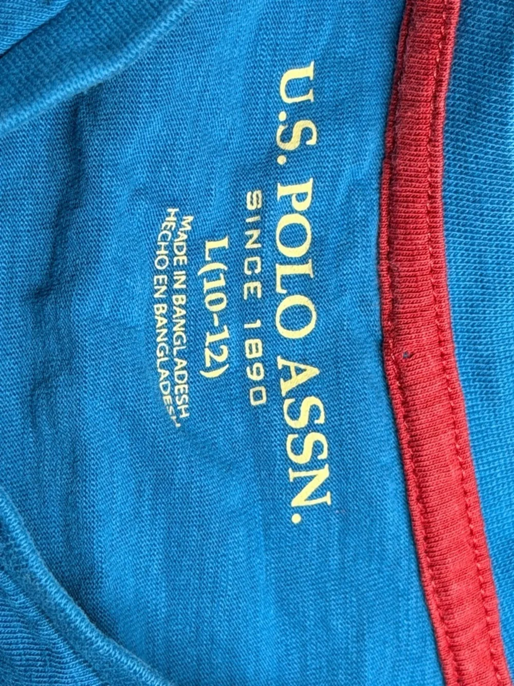 U.S. Polo Assn. Blue Tee with Red Trim and Yellow Print
